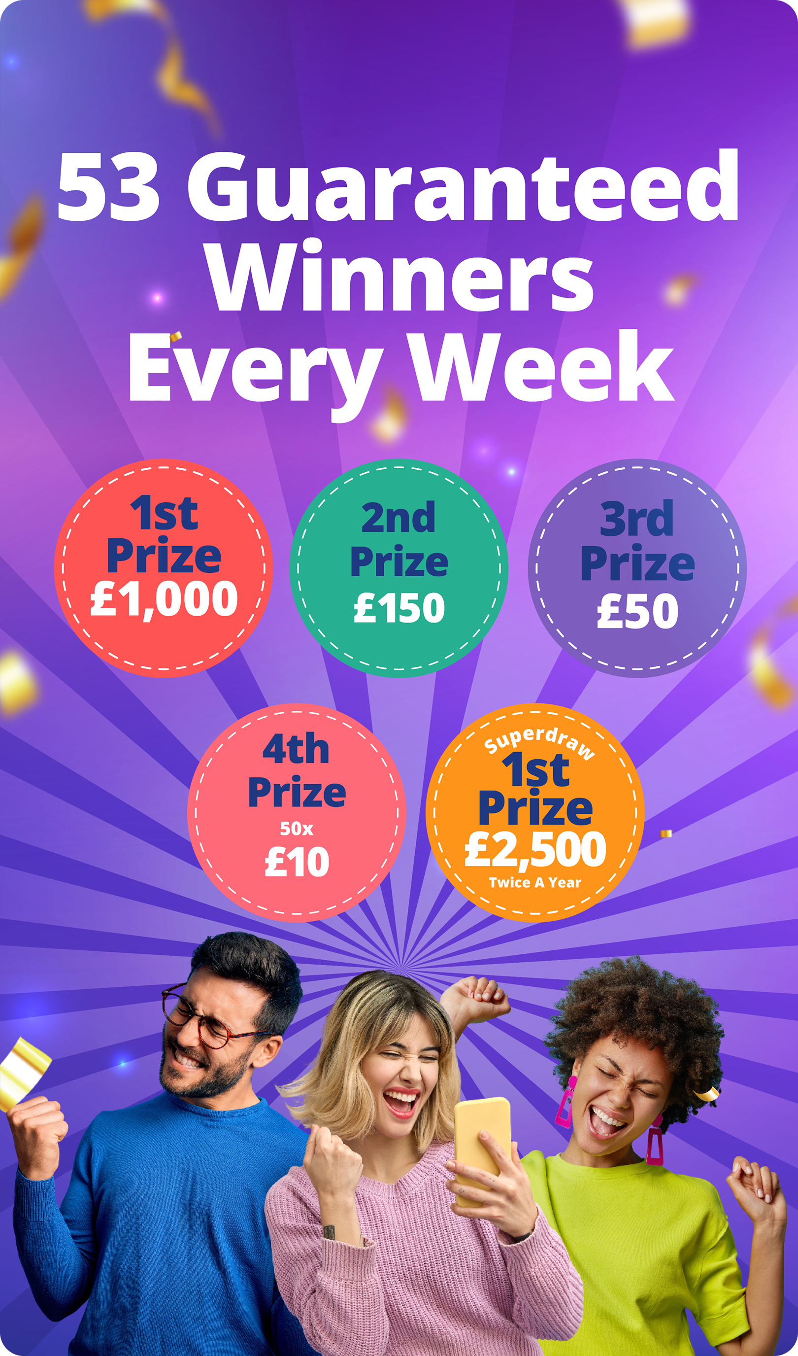 53 Guaranteed Winners Every Week. 1st Prize £1000. 2nd £150. 3rd £50. 4th 50 x £10. Superdraw £2500.