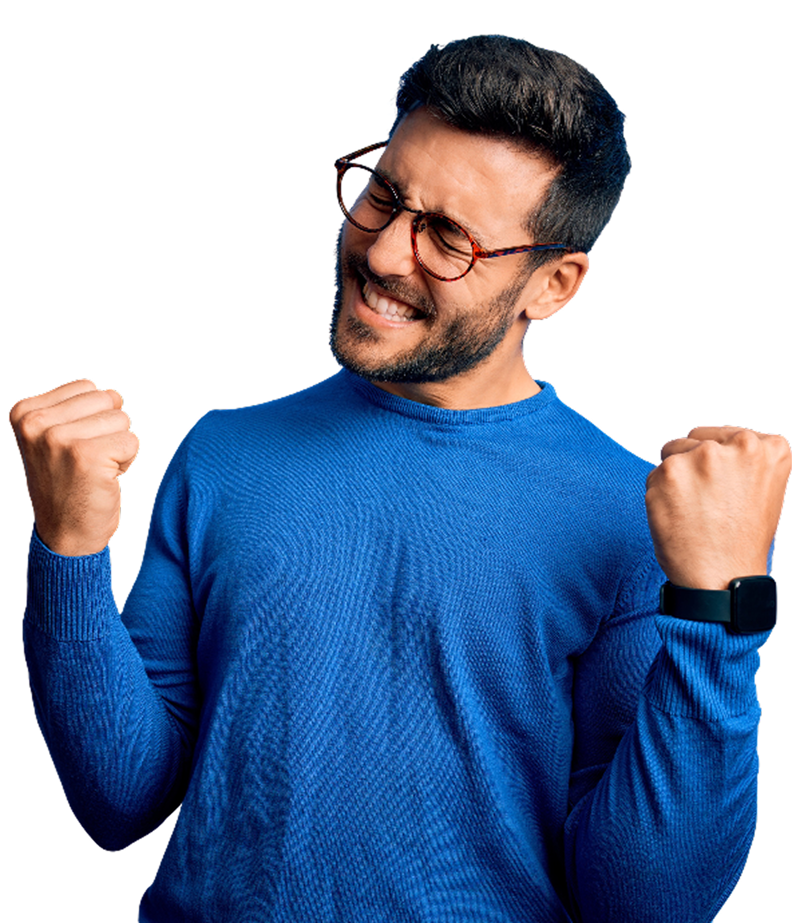 Image of a man in a blue jumper with his eyes closed celebrating.
